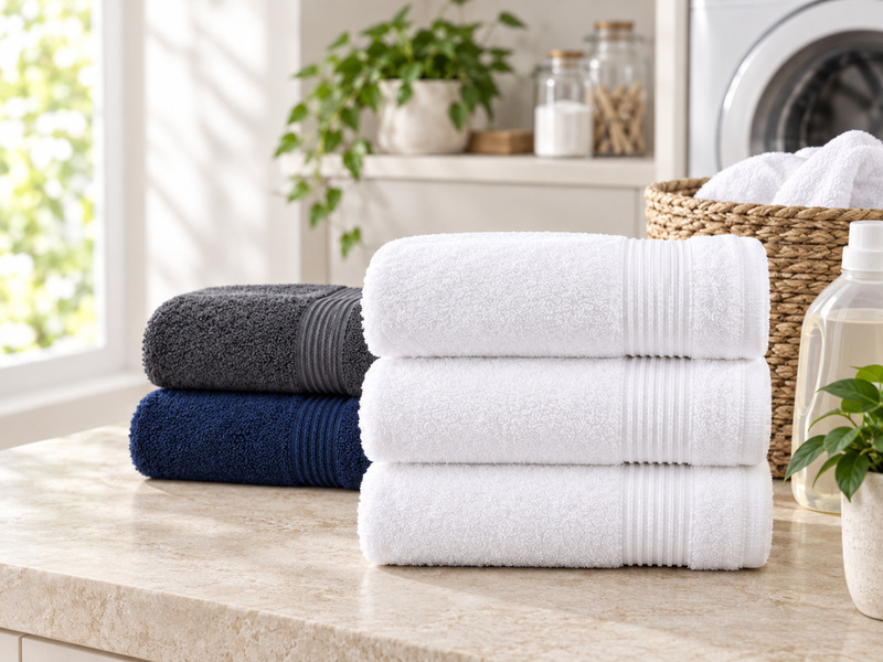 Folded Denica Home cotton towels arranged in a clean linen-care setting.