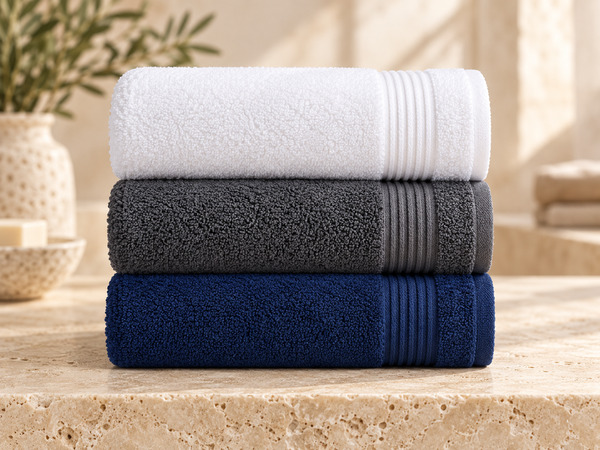 Stack of white, dark gray, and navy Denica Home towels on a stone ledge.